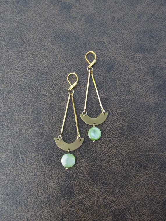 Green mother of pearl shell and brass earrings