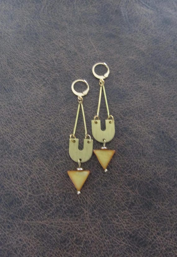 Brass geometric and mother of pearl shell earrings
