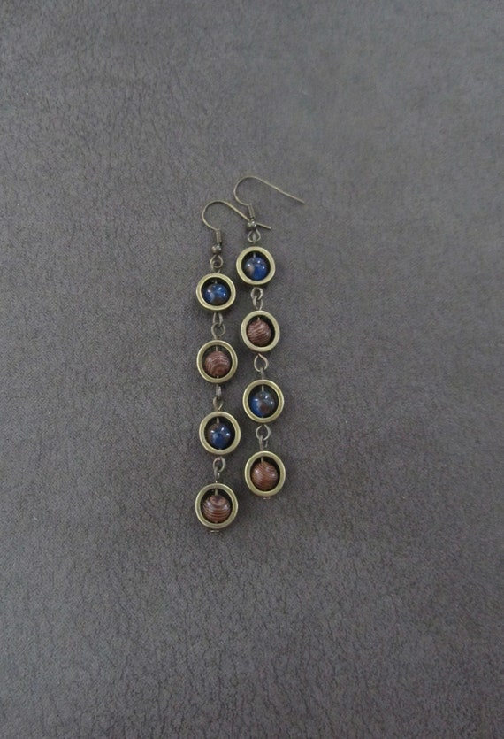 Blue jasper, wooden, and bronze dangle earrings