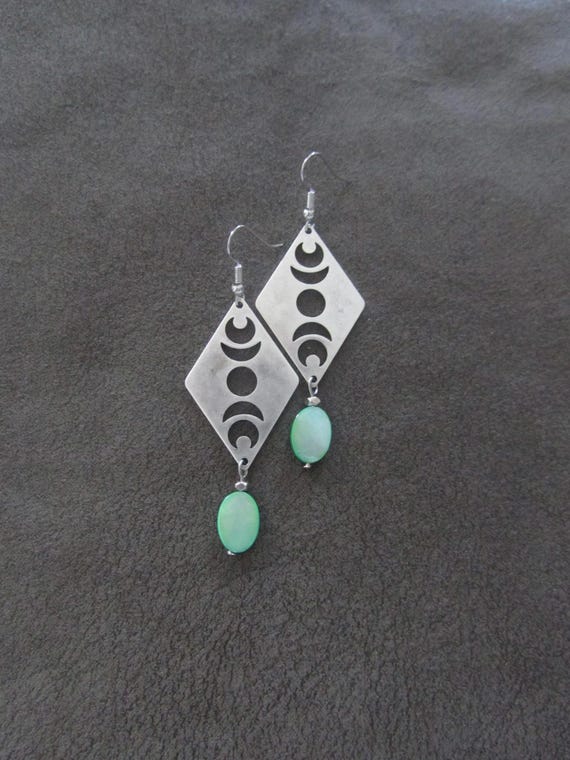 Green mother of pearl and silver celestial earrings