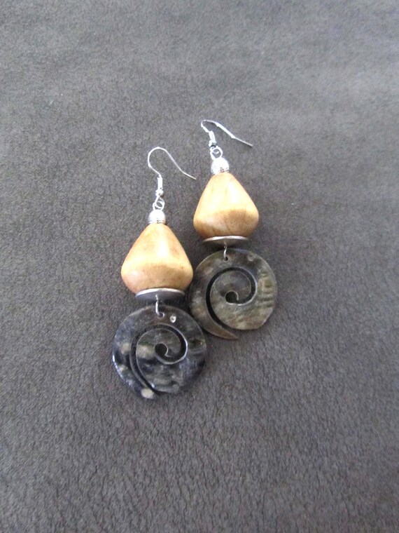 Spiral shell and wooden earrings