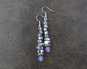 Purple agate and nugget industrial earrings