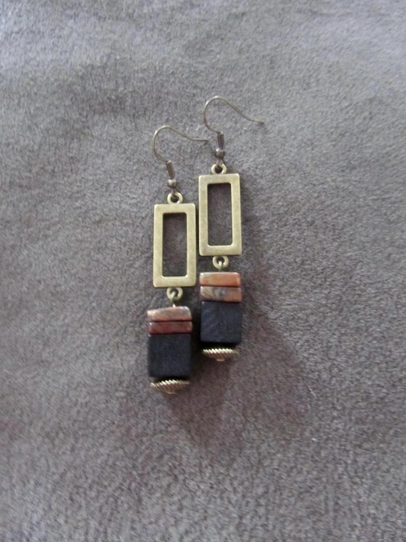 Modern Jasper Earrings: Black Wood, Antique Bronze, Boho Style