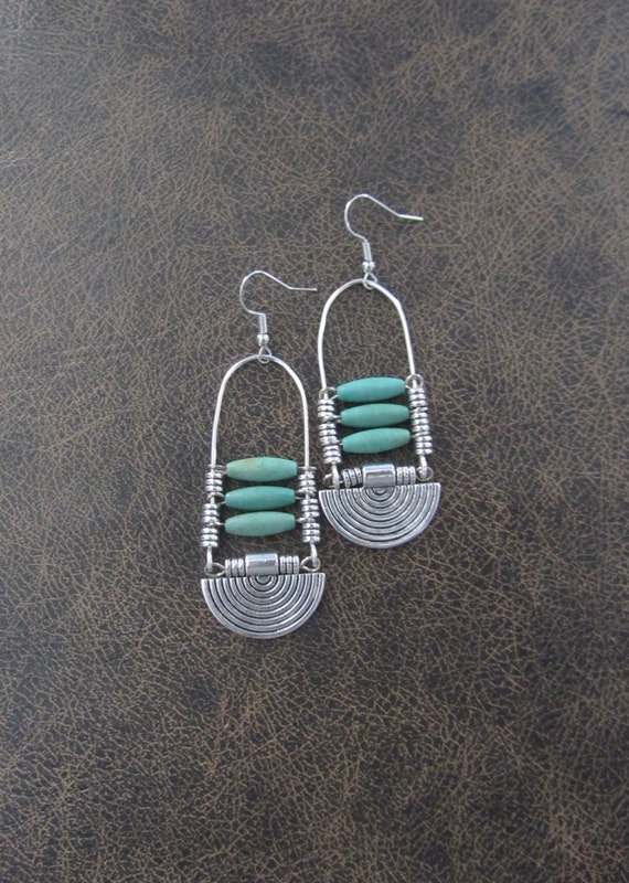 Teal and silver rustic ethnic earrings, tribal earrings, boho earrings, bold statement, bohemian, mid century modern