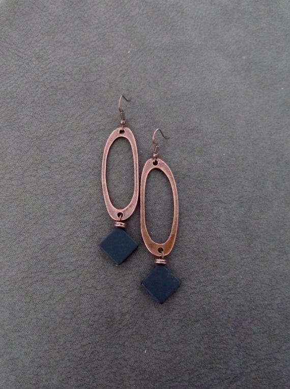 Long hammered copper and black stone earrings
