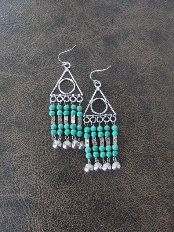 Large green southwestern chandelier earrings