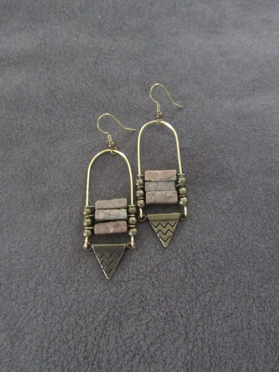 Chandelier Earrings, Afrocentric Jasper Bronze Ethnic Statement, Bold African Brown Stone