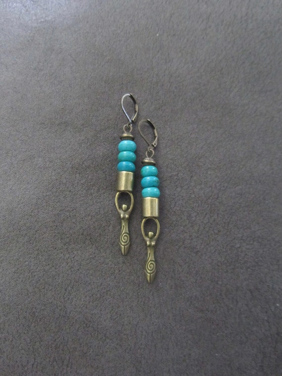 Green stone earrings, unique bronze mid century modern earrings, boho chic earrings, goddess female figure earrings