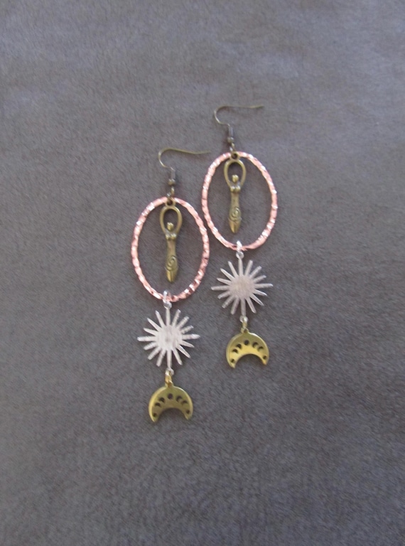 Long celestial goddess earrings, mixed metal 2