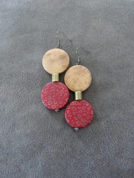Large red wooden and natural earrings