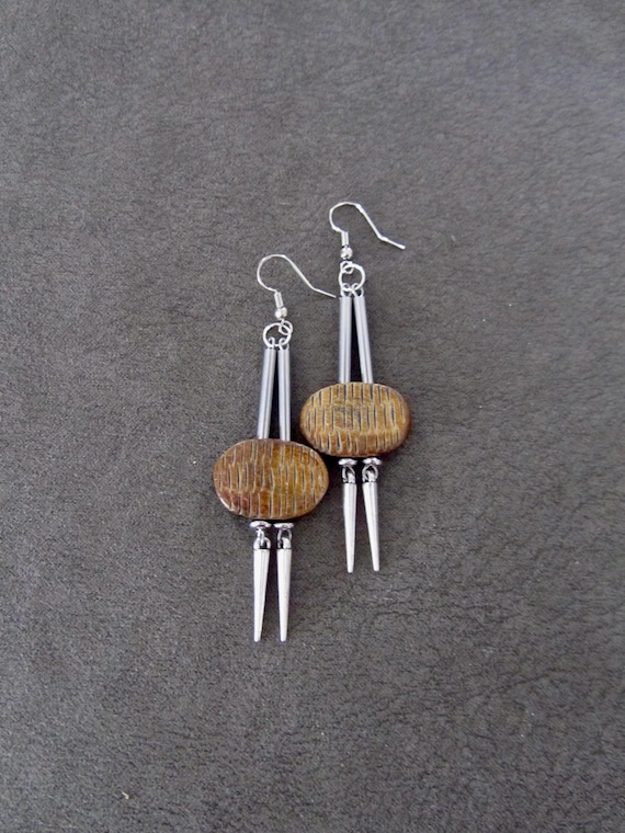 Carved bone and silver earrings