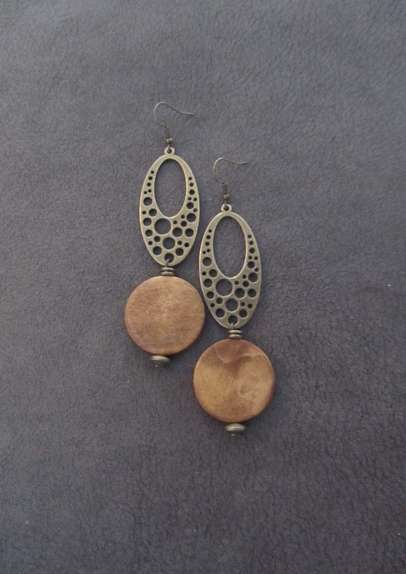Mid century modern earrings, long natural wood bronze Afrocentric dangle earrings, chic earrings, African earrings, bold statement earring