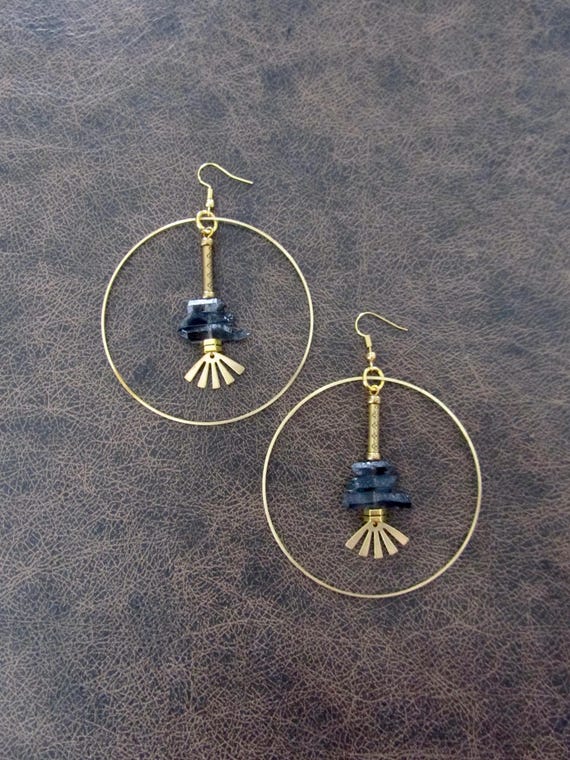 Large Black raw quartz crystal geode natural bohemian hoop earrings