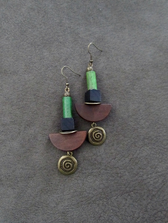 Wooden earrings, Afrocentric earrings, African earrings, bold earrings, statement earrings, geometric earrings, rustic bronze earrings green