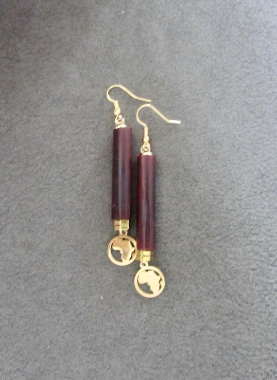 Africa Afrocentric carved bone and stainless steel earrings, red