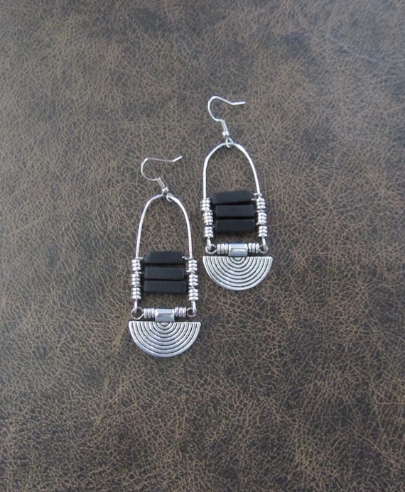 Ethnic chandelier earrings, Afrocentric black and silver, statement earrings, chunky bold earrings, exotic earrings, African earrings