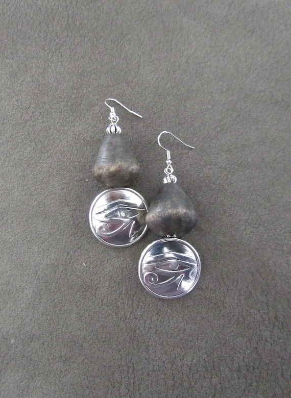 Silver and wooden Egyptian eye of Ra earrings 2