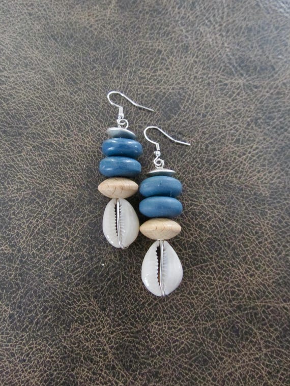 Cowrie shell and blue mid century earrings