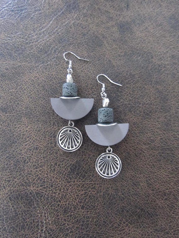Gray wooden and lava rock earrings