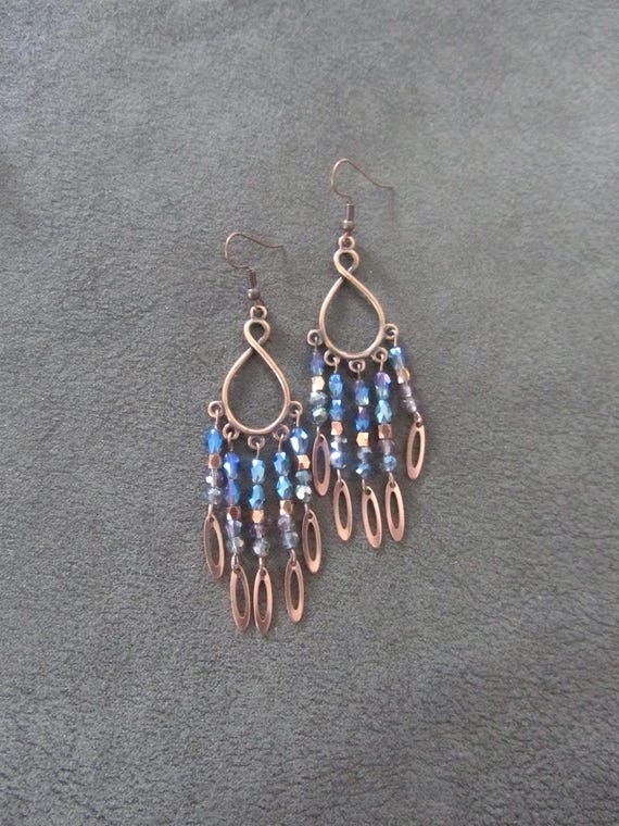 Chandelier earrings, multicolor crystal and copper gypsy earrings, boho bohemian unique princess