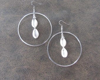 Cowrie shell and silver hoop earrings
