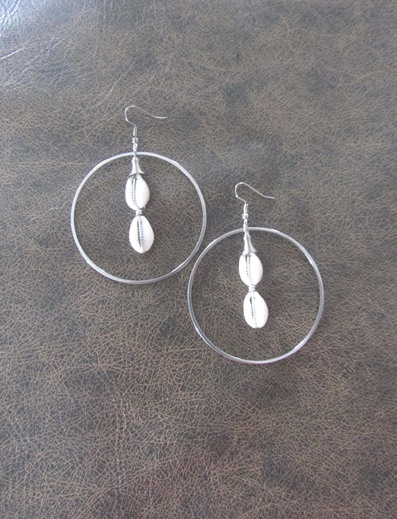 Cowrie shell and silver hoop earrings