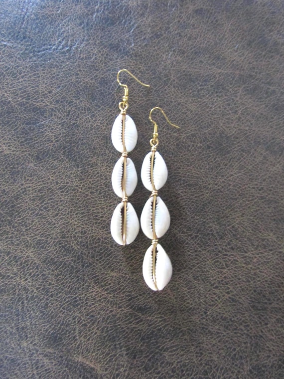 Simple triple cowrie shell earrings