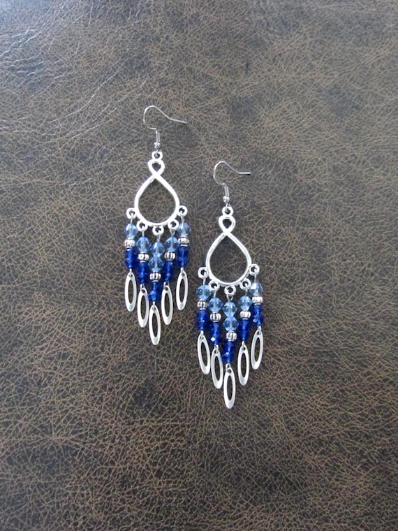 Blue and silver chandelier earrings, gypsy crystal dangle earrings, periwinkle