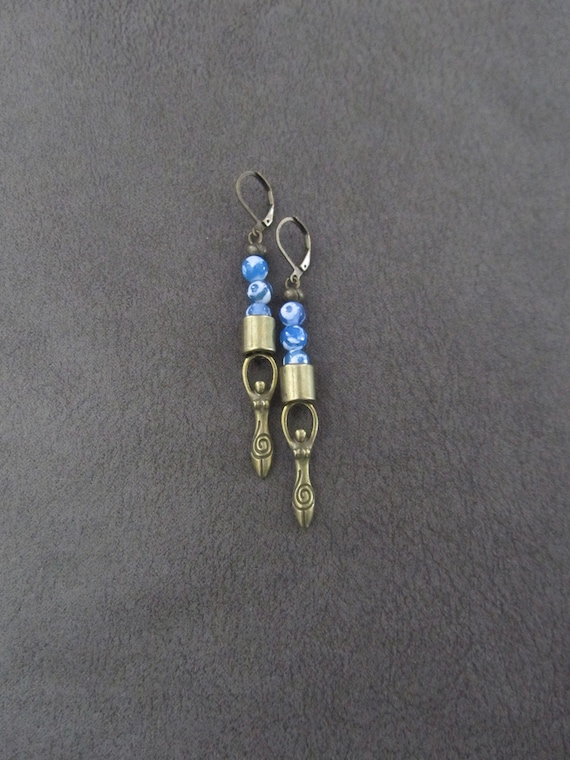 Blue Tibetan agate and bronze goddess earrings