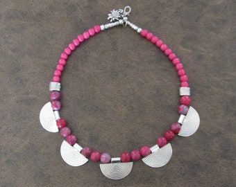 Ethnic statement necklace, pink and silver necklace