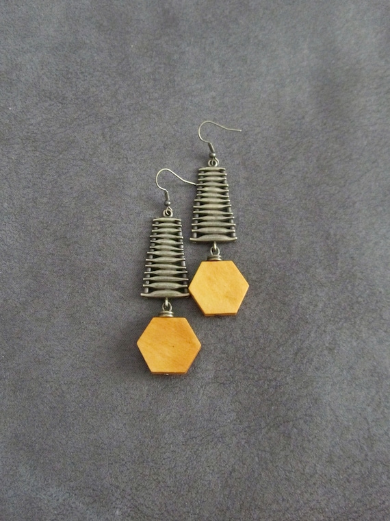 Mid century modern wooden hexagon earrings