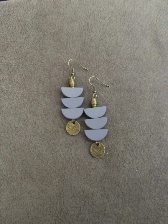 Gray wooden earrings, mid century modern earrings, unique pagoda earrings