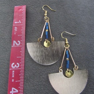 Large gold and blue hematite mid century modern Brutalist earrings image 2