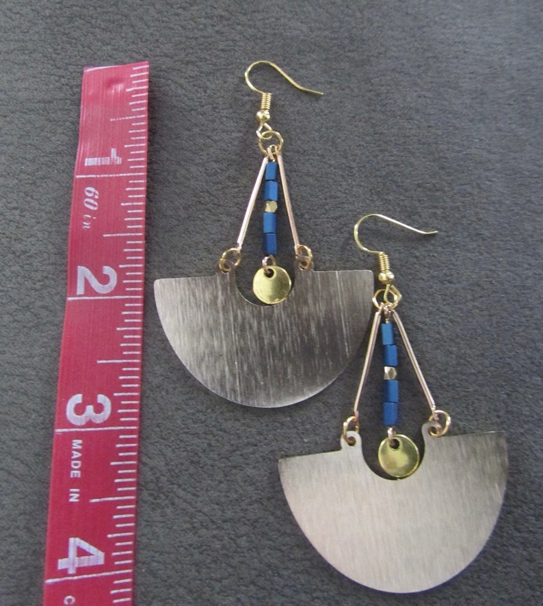 Large gold and blue hematite mid century modern Brutalist earrings image 2