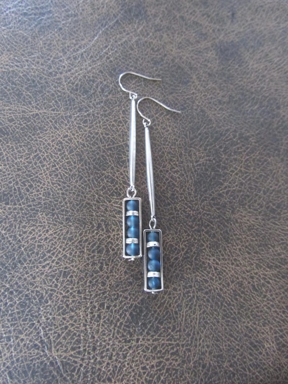 Long blue sea glass and silver earrings