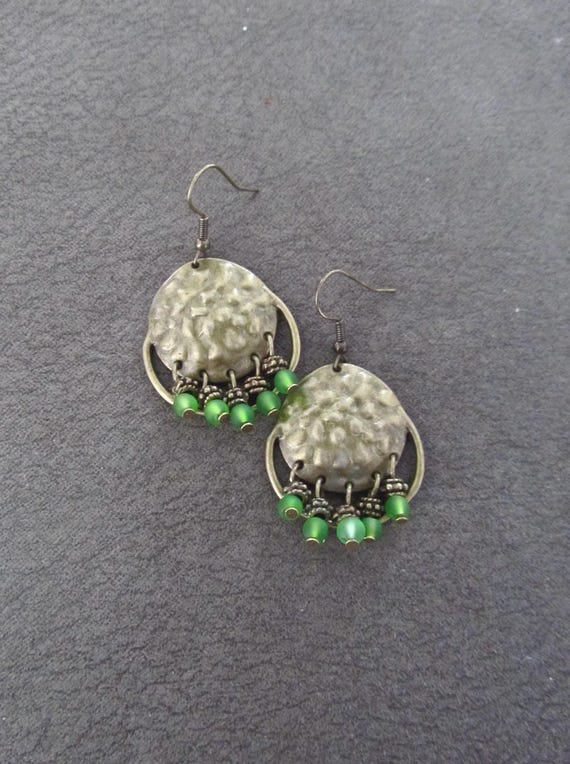 Green frosted glass and hammered bronze chandelier earrings
