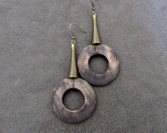 Huge earrings, Natural wood earrings, African Afrocentric earrings, boho bohemian earrings, antique bronze mid century modern earrings, dark