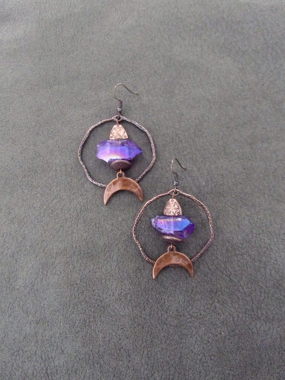 Raw quartz purple crystal earrings, rustic boho copper unique earrings, geode natural bohemian hoop