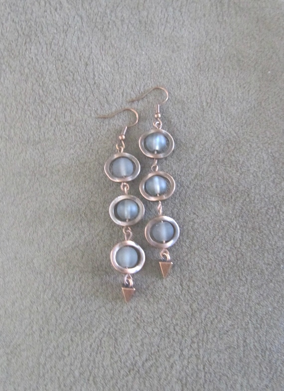 Long gray frosted glass  and copper earrings