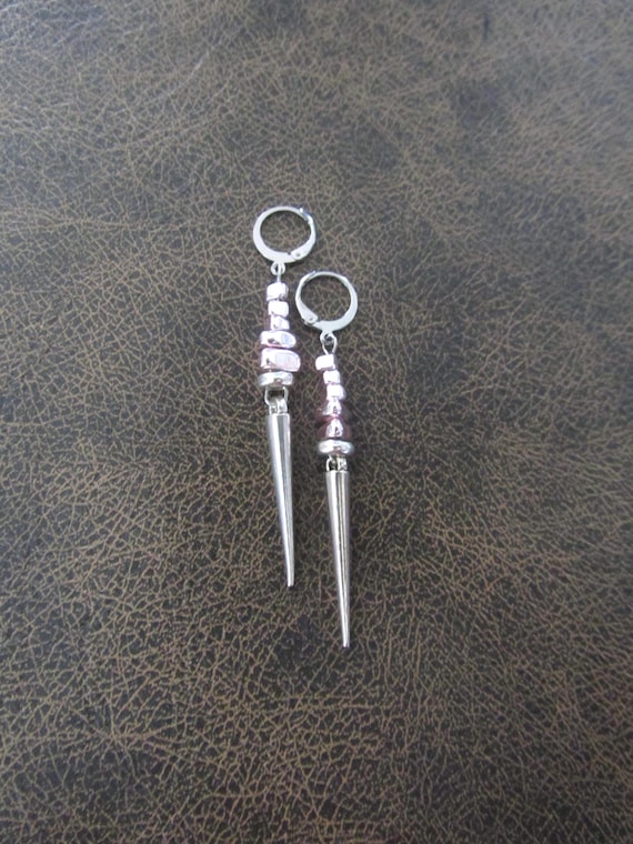 Abstract earrings, pink nugget and silver