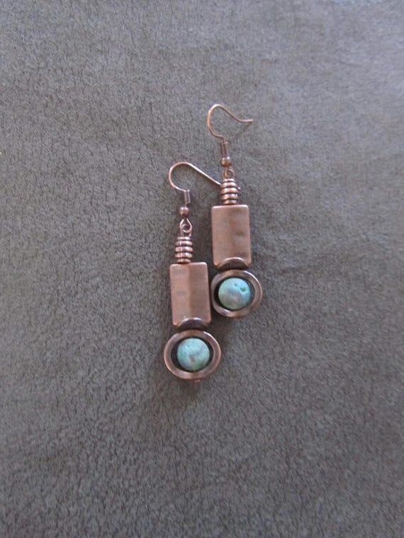 Industrial earrings, green druzy agate and copper minimalist earrings