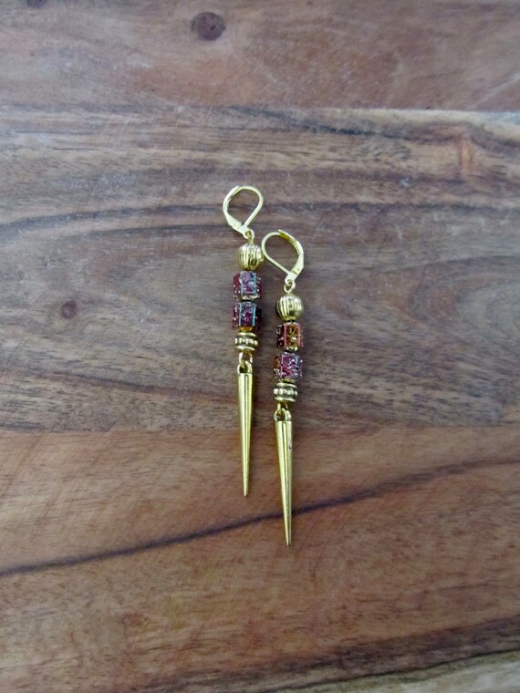 Gold and multicolor hematite spike earrings