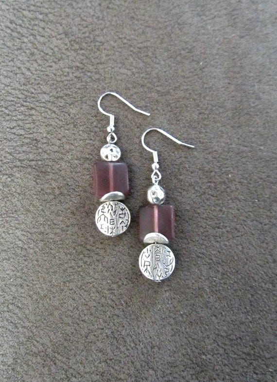 Silver and purple frosted glass earrings