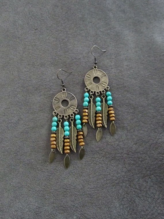 Southwestern green stone and antique bronze feather chandelier earrings