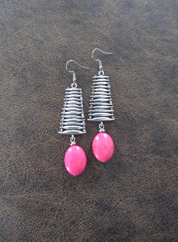 Unique pink howlite and silver earrings 22