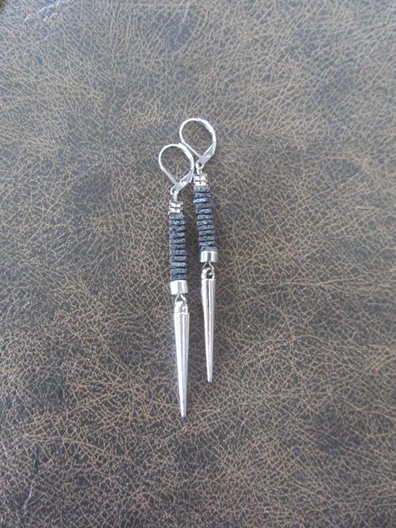 Gray lava rock and silver spike earrings
