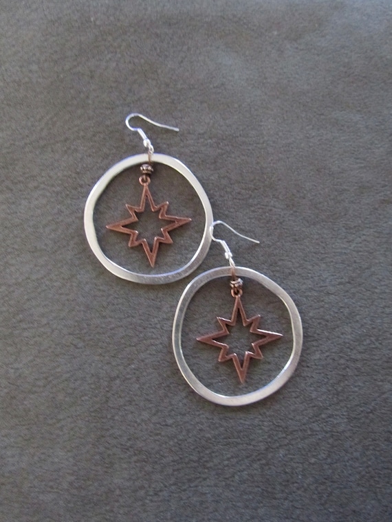Hammered silver and copper mixed metal hoop earrings,