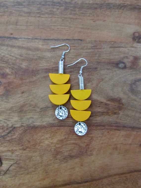 Yellow wooden earrings, mid century modern earrings, unique pagoda earrings, silver