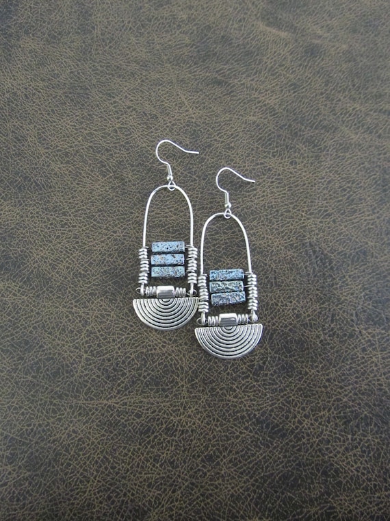 Lava rock and silver earrings, blue