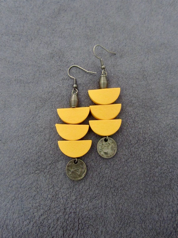 Long Yellow wood earrings, brass Afrocentric earrings, mid century modern earrings, African earrings, bold statement, unique geometric